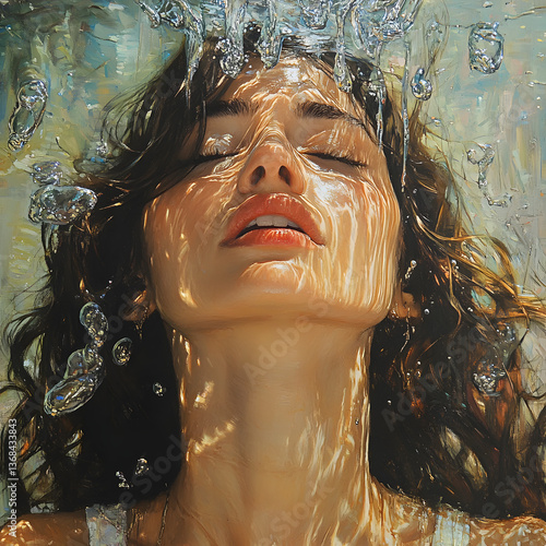 Woman submerged underwater with sunlight creating patterns on her face, serene ambiance