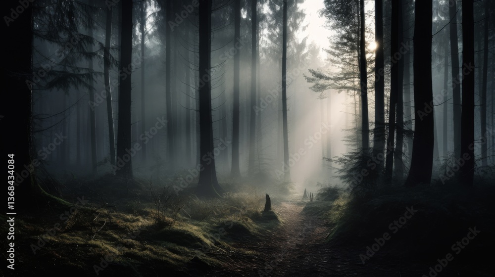Obraz premium Mysterious forest with mist and soft light.