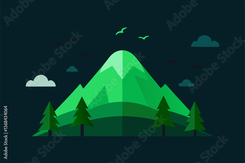 beautiful landscape vector illustration of mountains, forests, fields and meadows. Stunning panoramic farm landscape with mountains in the background. Natural landscape