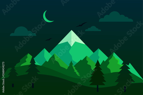 beautiful landscape vector illustration of mountains, forests, fields and meadows. Stunning panoramic farm landscape with mountains in the background. Natural landscape