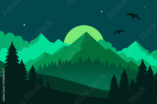 beautiful landscape vector illustration of mountains, forests, fields and meadows. Stunning panoramic farm landscape with mountains in the background. Natural landscape