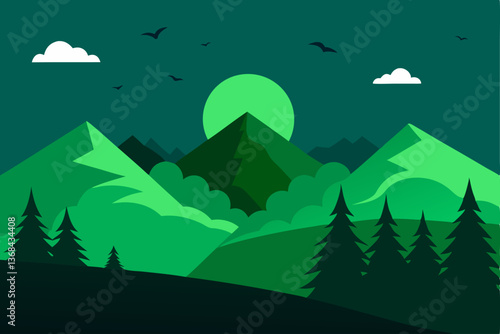 beautiful landscape vector illustration of mountains, forests, fields and meadows. Stunning panoramic farm landscape with mountains in the background. Natural landscape