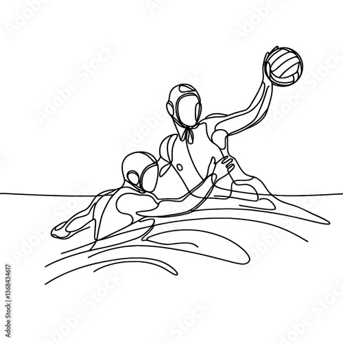 Water Polo Players Competing in a Minimalist Line Drawing  