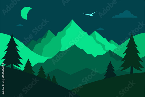 beautiful landscape vector illustration of mountains, forests, fields and meadows. Stunning panoramic farm landscape with mountains in the background. Natural landscape