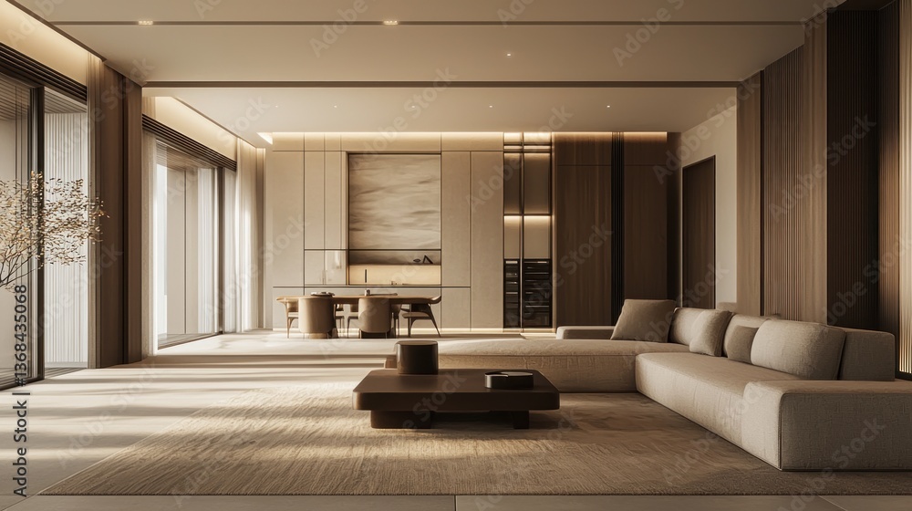 Fototapeta premium Serene minimalist interior design modern living room with natural light spacious and elegant home décor neutral color palette