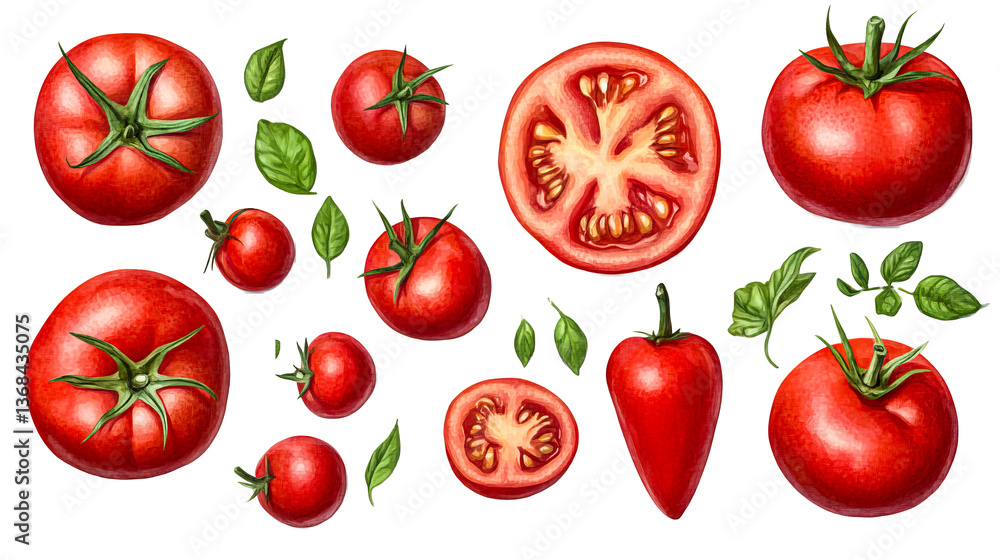 Fresh tomatoes, basil leaves, red pepper, cut out transparent Fresh tomatoes, basil leaves, red pepper, cut out transparent