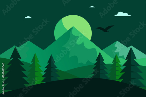 beautiful landscape vector illustration of mountains, forests, fields and meadows. Stunning panoramic farm landscape with mountains in the background. Natural landscape