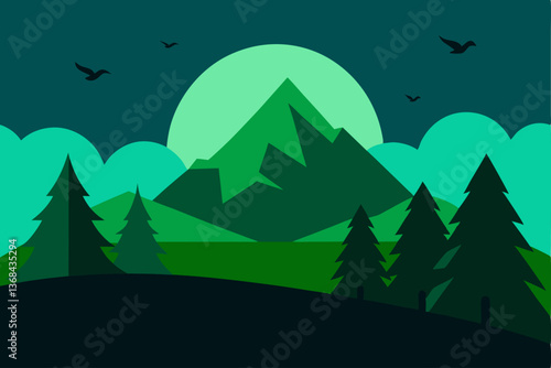 beautiful landscape vector illustration of mountains, forests, fields and meadows. Stunning panoramic farm landscape with mountains in the background. Natural landscape