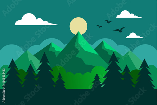 beautiful landscape vector illustration of mountains, forests, fields and meadows. Stunning panoramic farm landscape with mountains in the background. Natural landscape