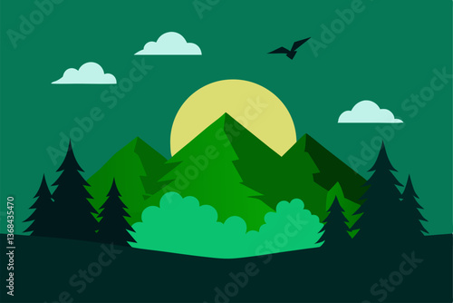 beautiful landscape vector illustration of mountains, forests, fields and meadows. Stunning panoramic farm landscape with mountains in the background. Natural landscape