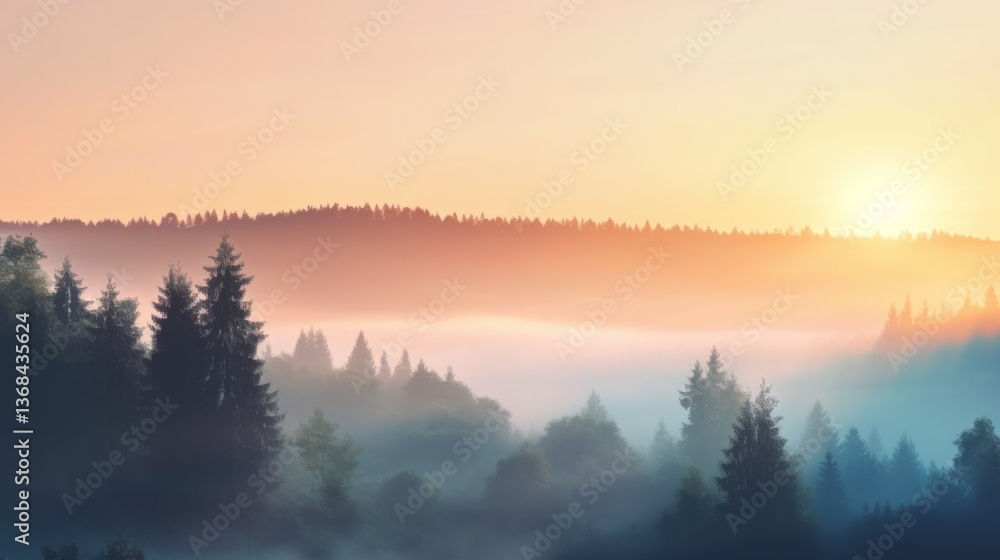 Fototapeta premium Serene sunrise over misty forest landscape.