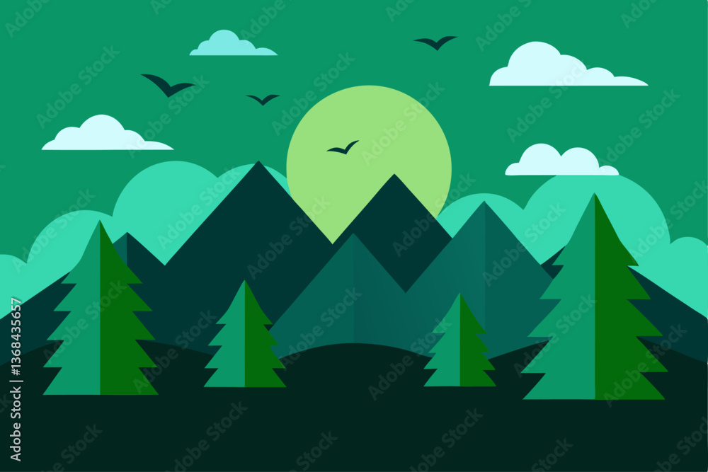beautiful landscape vector illustration of mountains, forests, fields and meadows. Stunning panoramic farm landscape with mountains in the background. Natural landscape beautiful landscape vector illustration of mountains, forests, fields and meadows. Stunning panoramic farm landscape with mountains in the background. Natural landscape