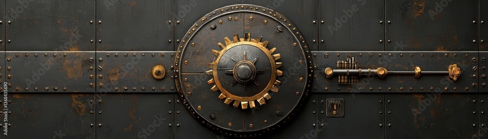 Naklejka premium Antique metal door with clock, glimpse into vintage architecture and time