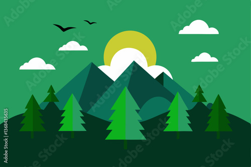 beautiful landscape vector illustration of mountains, forests, fields and meadows. Stunning panoramic farm landscape with mountains in the background. Natural landscape