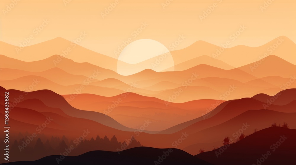 Serene sunset over undulating mountain silhouettes. Serene sunset over undulating mountain silhouettes.
