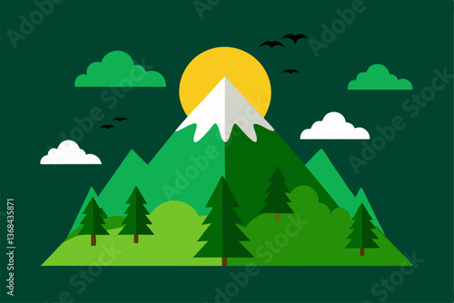beautiful landscape vector illustration of mountains, forests, fields and meadows. Stunning panoramic farm landscape with mountains in the background. Natural landscape
