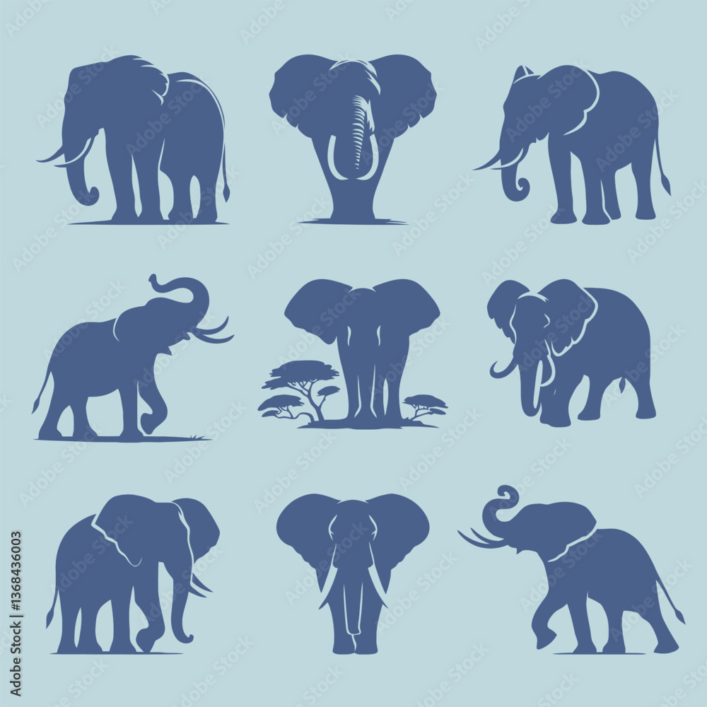 Naklejka premium Collection of Elephant Silhouettes in Various Poses and Movements on a Light Background