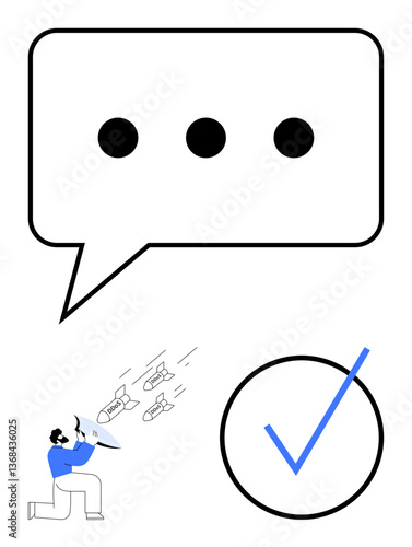 Large speech bubble with ellipsis, person intercepting missiles with shield, blue checkmark. Ideal for communication, problem-solving, validation, approval, conflict resolution, teamwork