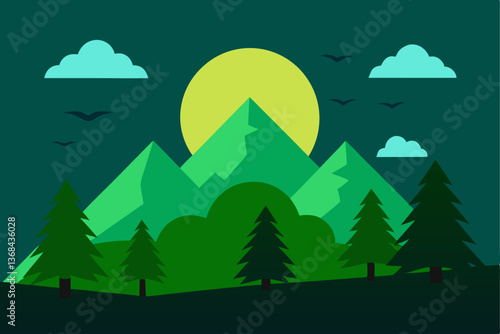 beautiful landscape vector illustration of mountains, forests, fields and meadows. Stunning panoramic farm landscape with mountains in the background. Natural landscape