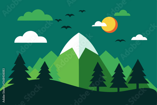 beautiful landscape vector illustration of mountains, forests, fields and meadows. Stunning panoramic farm landscape with mountains in the background. Natural landscape