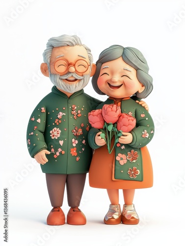Elderly couple with flowers, celebrating a special occasion
