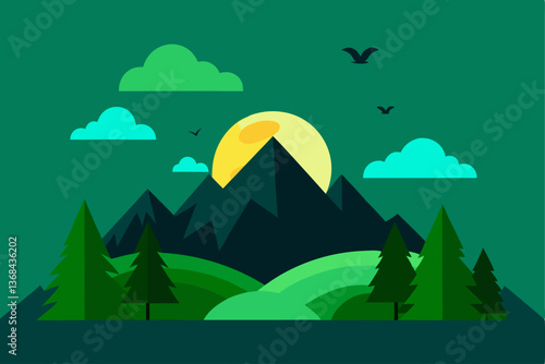 beautiful landscape vector illustration of mountains, forests, fields and meadows. Stunning panoramic farm landscape with mountains in the background. Natural landscape