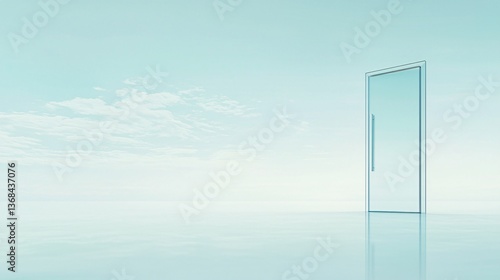 Transparent door opening to a bright, airy sky. Minimalist design and reflective surface