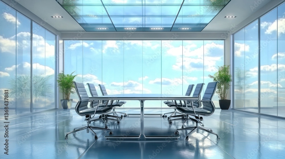 A stylish business meeting room enclosed with frosted glass panels A stylish business meeting room enclosed with frosted glass panels