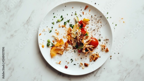 Leftover food scraps on a white plate.