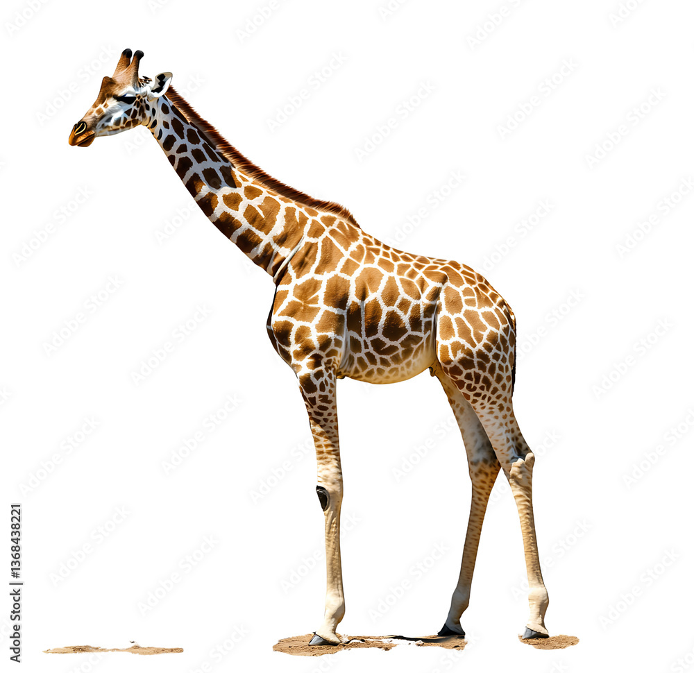Fototapeta premium Giraffe standing on the ground, full body, transparent background PNG