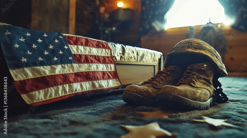 Fototapeta premium The flag boots and helmet representing service and remembrance