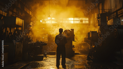 Worker in a dimly lit industrial workshop surrounded by machinery and smoke