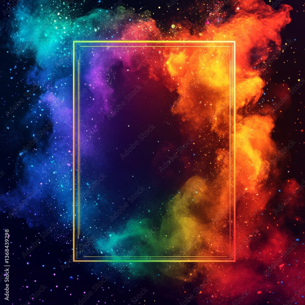 Obraz premium Colorful Cosmic Frame: A vibrant explosion of dust and light creates a stunning celestial border around a central dark space.