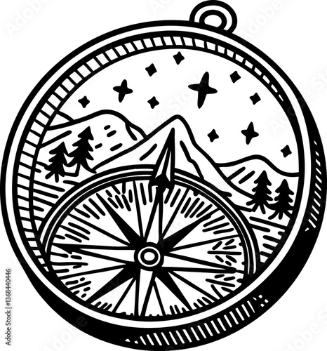 compass drawing with mountain landscape under starry night sky, navigation and adventure