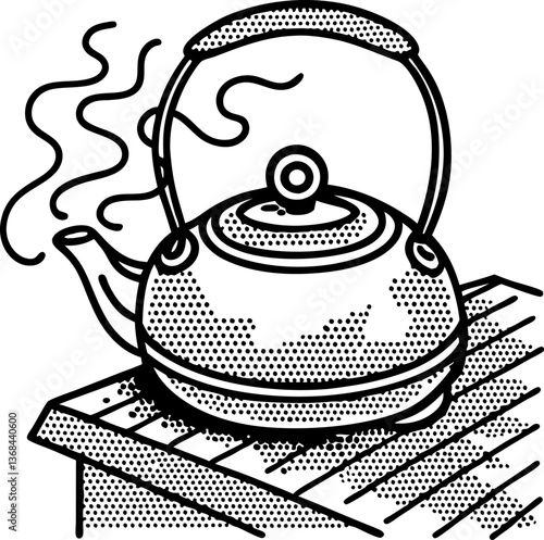 vintage dotted illustration of a steaming kettle on a plaid surface, retro art design