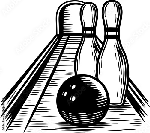 vintage bowling scene classic wooden skittle pins and ball on alley lane illustration
