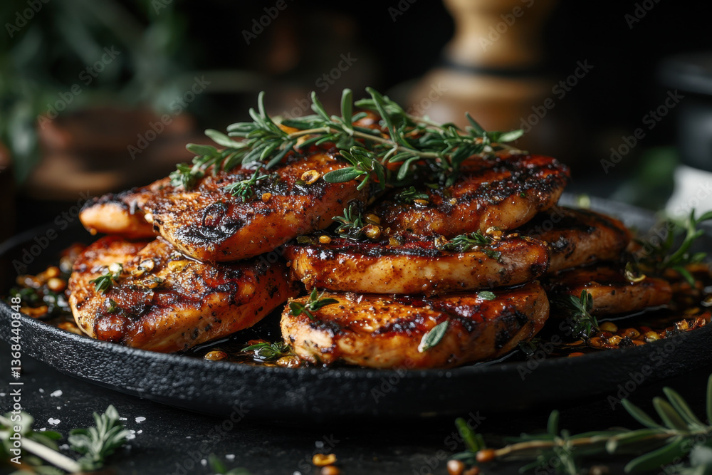Plate of chicken with herbs and spices garnished with lemon slices and rosemary, positioned on a wooden table against a dark background. Plate of chicken with herbs and spices garnished with lemon slices and rosemary, positioned on a wooden table against a dark background.
