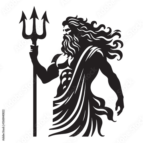Wrathful Poseidon silhouette, god of earthquakes and seaquakes - Poseidon illustration - Poseidon vector - Greek god silhouette

