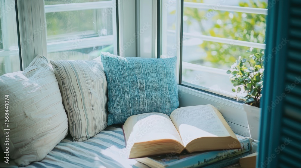 Fototapeta premium Serene reading nook by window with soft pillows book stack indoor plant inviting ambiance relaxing scene