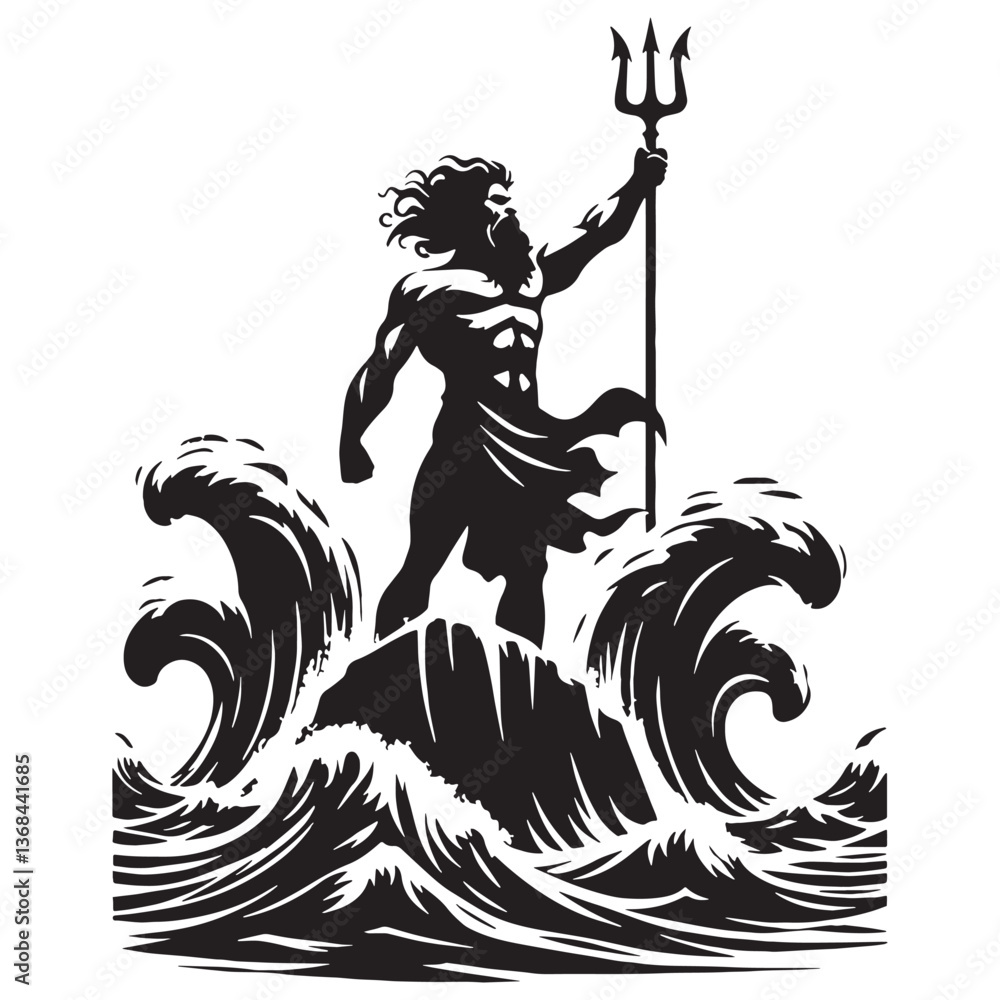 Fototapeta premium Storm-bringer Poseidon silhouette, controller of tempests - Poseidon illustration - Poseidon vector - Greek god silhouette