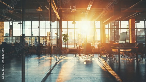 Fototapeta Naklejka Na Ścianę i Meble -  A stylish co-working space with glass walls separating different team areas, fostering collaboration