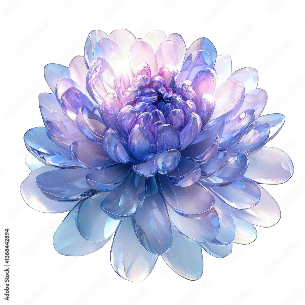 Fototapeta premium Iridescent blue and violet chrysanthemum flower. Centered bloom with layered translucent petals on white. Calm elegance and renewal. For branding, wellness ads, and floral invitations.