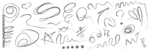 Scribbles. Hand drawn pencil brush elements, black marker strokes. Strikethroughs, swirls, vector collection