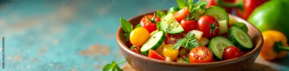 A colorful and vibrant bowl of fresh vegetable salad with cherry tomatoes, cucumbers, and bell peppers, colorful, diet A colorful and vibrant bowl of fresh vegetable salad with cherry tomatoes, cucumbers, and bell peppers, colorful, diet