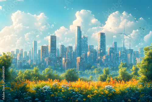 Wallpaper Mural Cityscape Meets Nature: A breathtaking view of a modern cityscape blending seamlessly with a vibrant, lush meadow, creating an image of harmony between urban development and the natural world. Torontodigital.ca
