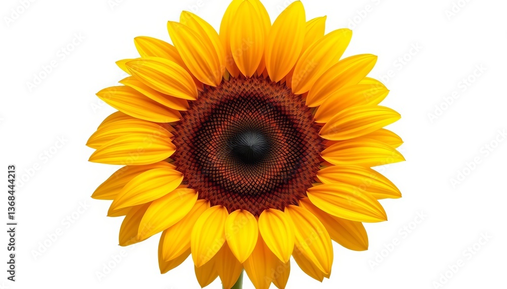 A vibrant ripe sunflower, golden petals surrounding a dark brown center, isolated on pure white, wildflower, stock photo A vibrant ripe sunflower, golden petals surrounding a dark brown center, isolated on pure white, wildflower, stock photo