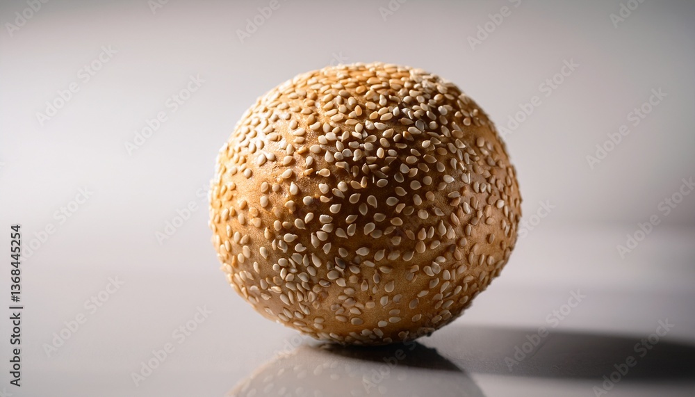 Golden Sesame Bun: A single, freshly baked bun covered in a generous layer of sesame seeds, positioned on a sleek, neutral surface. Close-up view showcases texture and visual appeal. Golden Sesame Bun: A single, freshly baked bun covered in a generous layer of sesame seeds, positioned on a sleek, neutral surface. Close-up view showcases texture and visual appeal.