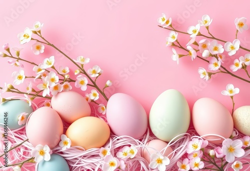 Pastel Easter eggs, spring blossoms, pink background Soft, colorful, festive holiday card, spring, photography