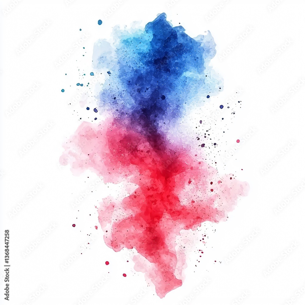 Watercolor splash art with a gradient of red, blue, and purple hues. Splatter effect on white Watercolor splash art with a gradient of red, blue, and purple hues. Splatter effect on white
