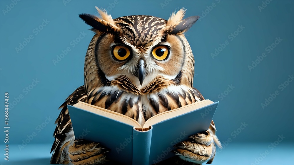 Obraz premium Owl Reading a Book on Blue Background Learning and Education Concept